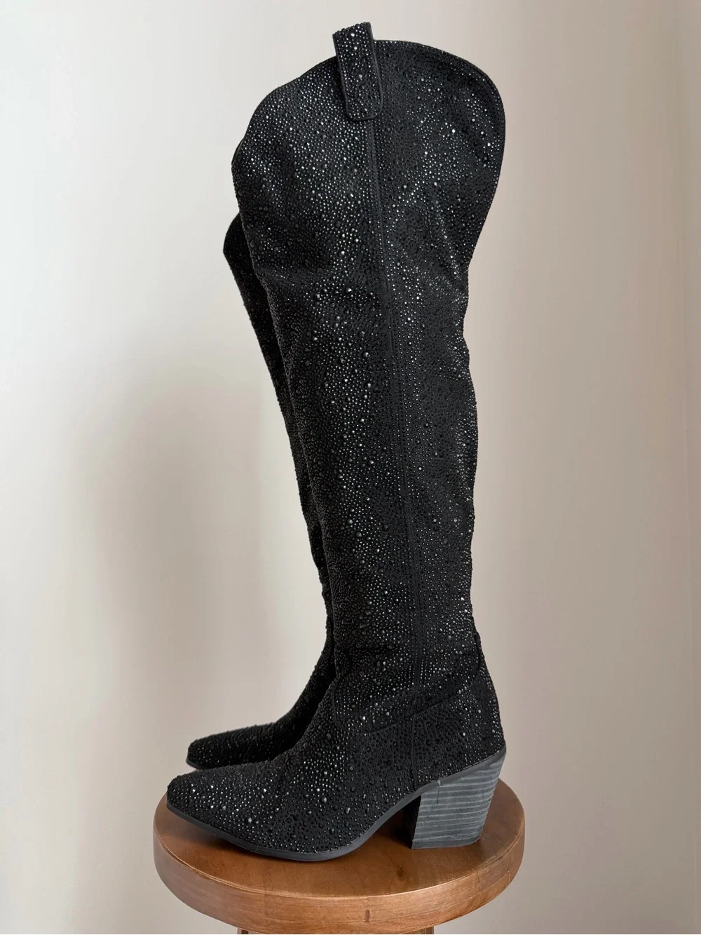 Over-the-Knee Black Rhinestone Embellished Boots